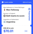A sports betting slip from FanDuel Sportsbook for a 3 pick combo on the UEFA Champions League match between Norway and England, featuring Max Holloway vs Conor McGregor and a $70.01 potential payout.