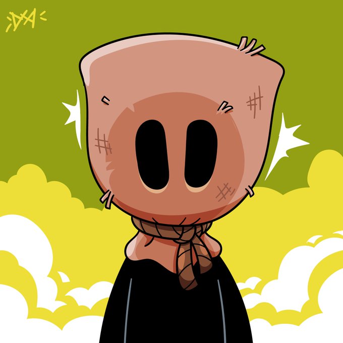 A cartoon illustration of a character wearing a burlap sack mask with cut-out eyes and stitched details, wearing a black shirt and tied scarf against a green sky with yellow clouds.
