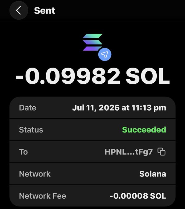 The image shows a successful Solana transaction receipt confirming the transfer of 0.09982 SOL (with a 0.00008 SOL network fee) sent on July 11, 2026 at 11:13 pm, serving as proof of the $SOL giveaway sent to a follower as part of the contest.