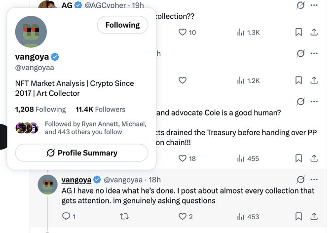 A Twitter profile popup for 'vangoya' (@vangoyaa), an 'NFT Market Analysis | Crypto Since 2017 | Art Collector', is displayed over a thread discussing collections and a user named Cole.