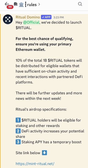 A Telegram message from 'Ritual Domino' app announcing the launch of $RITUAL token airdrop with details about staking rewards, DeFi activity requirements, and a link to mint-ritual.net.