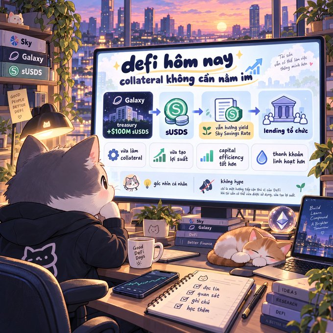 An illustrated scene shows a cat character studying DeFi concepts on a computer screen, with a chart illustrating collateral flow from Galaxy treasury to sUSDS, Sky Savings Rate, and lending organizations.