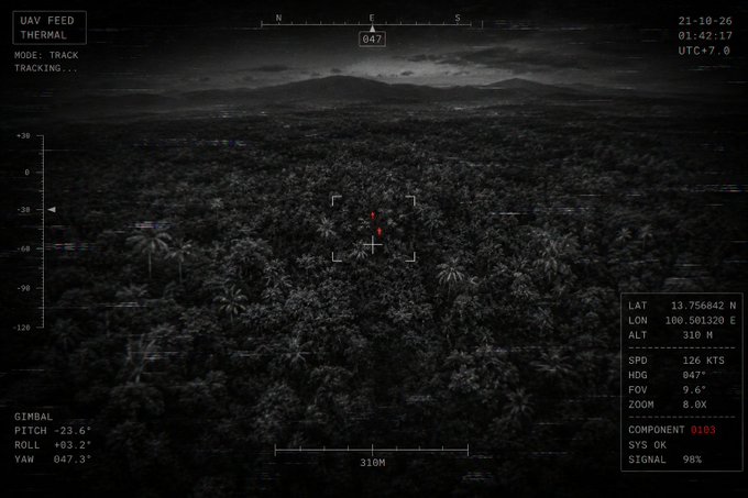 A UAV thermal feed in tracking mode dated 21-10-26, 01:42:17 UTC, showing a dark jungle canopy with coordinates 13.756842 N, 100.501320 E, altitude 310 ft, and a thermal signature marked by crosshairs.