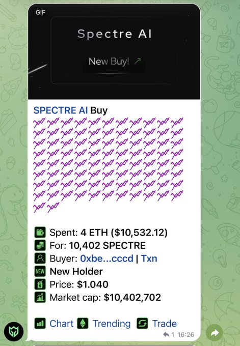 A mobile screenshot showing a new Spectre AI token purchase notification, where 4 ETH (~$10,532.12) was spent to acquire 10,402 SPECTRE tokens at a price of $1.040.