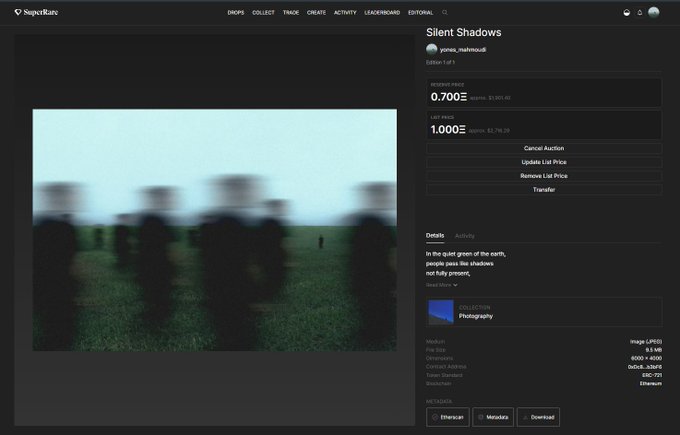 A screenshot of an NFT listing on SuperRare for an artwork titled 'Silent Shadows' by yinna_mahmoud, priced at 0.700 ETH, featuring a blurred figure in a green field.