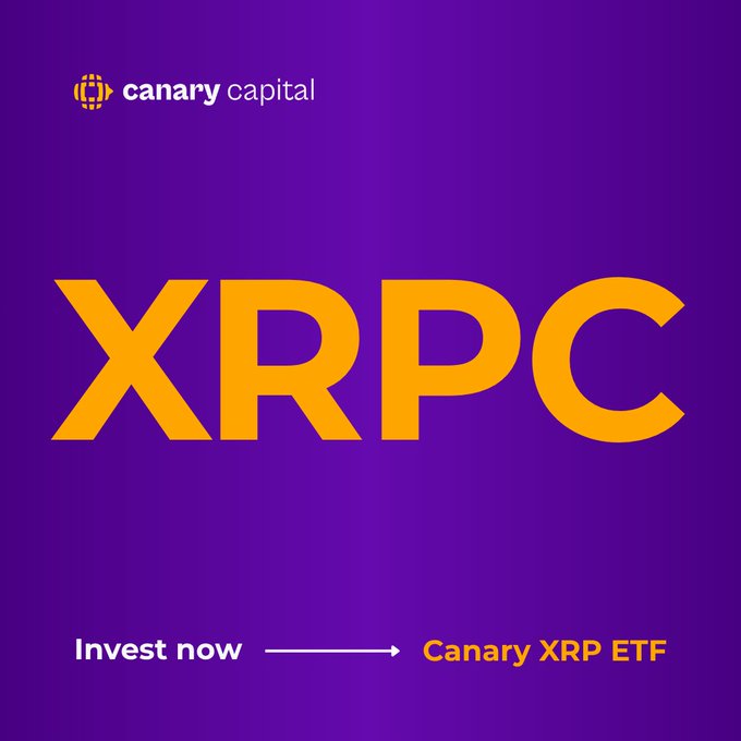 A promotional graphic for Canary Capital's Canary XRP ETF (ticker: XRPC), featuring the firm's logo at the top, "XRPC" in large yellow text against a purple background, and an "Invest now → Canary XRP ETF" call-to-action at the bottom—aligning with the announcement that XRPC is the first spot XRP ETF in U.S. markets.