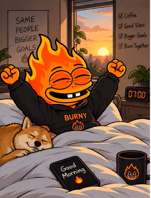 An animated illustration shows a cheerful flame-headed character wearing a "BURNY" hoodie yawning in bed at 7:00 AM, accompanied by a sleeping Shiba Inu, with motivational text on the wall ("SAME PEOPLE BIGGER GOALS") and a checklist including "Coffee," "Good Vibes," "Bigger Goals," and "Burn Together."