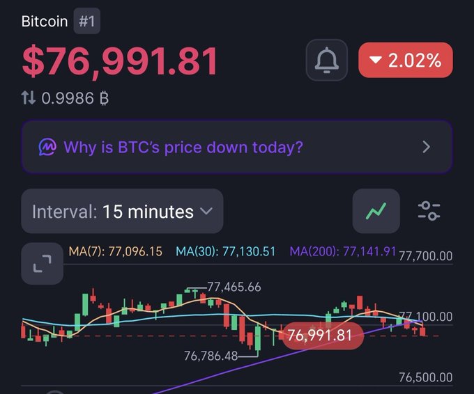 Bitcoin price chart showing BTC at $76,991.81, down 2.02%, on a 15-minute interval.