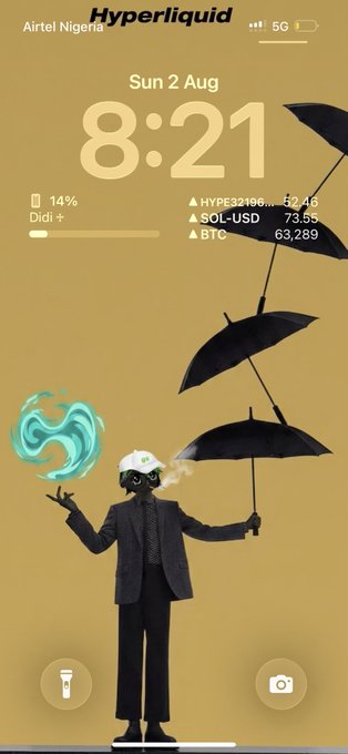 The image shows a phone lock screen displaying "Sun 2 Aug" at "8:21" with a stylized illustration of a suited figure holding umbrellas against a tan background. Key visible text includes "Hyperliquid" at the top, "Airtel Nigeria," and crypto ticker prices: "HYPE32190... 52.48," "SOL-USD 73.55," and "BTC 63,289," reinforcing the post's reminder about the Hyperliquid platform.