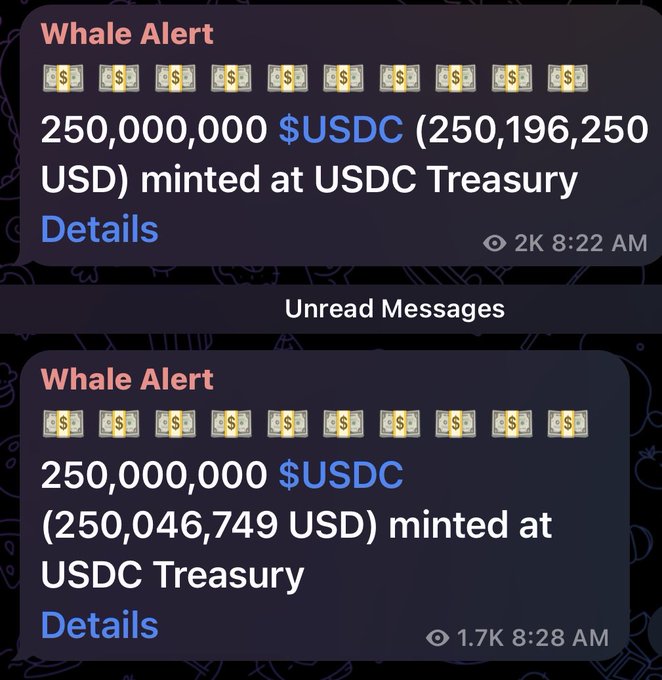 A Whale Alert screenshot shows two USDC Treasury mints of **250,000,000 USDC** each—about **$250,196,250** at 8:22 AM and **$250,046,749** at 8:28 AM. Together they illustrate the post’s claim that another **$500 million** in USDC was issued, bringing the day’s total to **$1 billion** and the week’s total to **$4.5 billion**.
