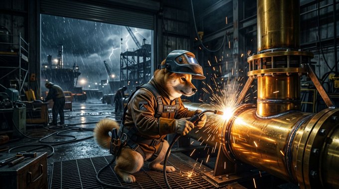 An anthropomorphic Shiba Inu dog wearing a hard hat and work gear welds a large metal pipe in an industrial warehouse during a rainstorm.