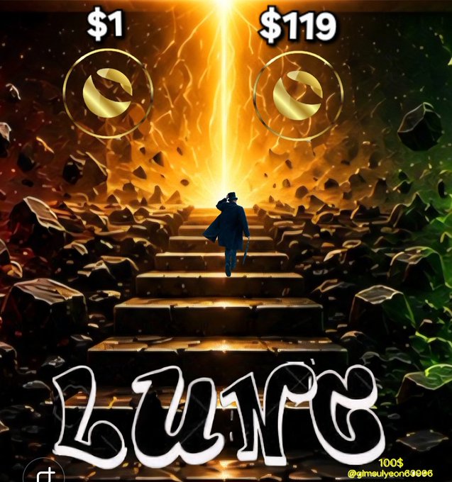Dramatic digital artwork showing a silhouetted figure climbing golden stairs toward a radiant light, with two coins priced $1 and $119, and the word 'LUNC' displayed in stylized graffiti text at the base.