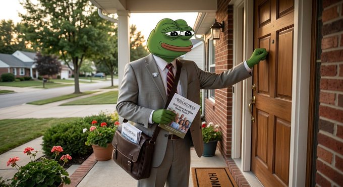 A figure with a Pepe the Frog head, wearing a gray suit and carrying a 'THE STAYTON REVIEW' newspaper, knocks on a suburban door.