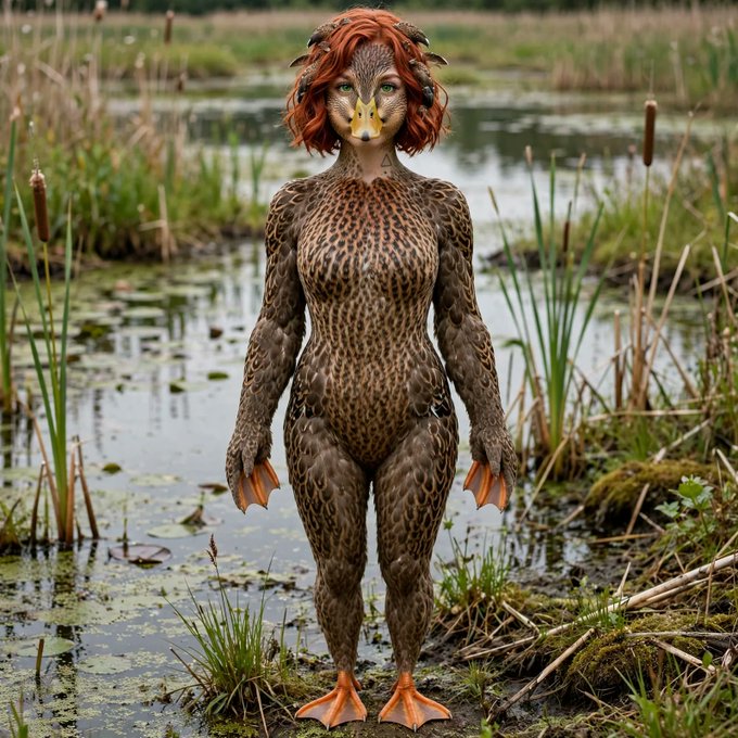 AI-generated image of a humanoid figure with leopard-print fur, a fox-like face, red hair, and webbed orange feet, standing in a marshy wetland setting.