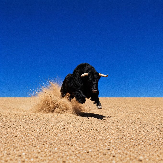 A black bull charges across sandy terrain against a deep blue sky, kicking up dust in its wake—visually capturing the energetic "bullish" market sentiment referenced in the caption.