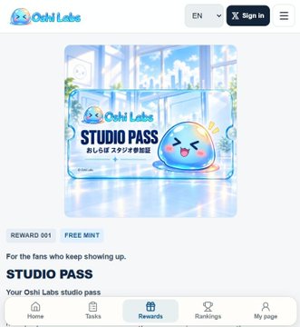 A screenshot of the Oshi Labs app displays a 'STUDIO PASS' card for the 'REWARD 001 FREE MINT', with navigation icons for Home, Tasks, Rewards, Rankings, and My Page at the bottom.