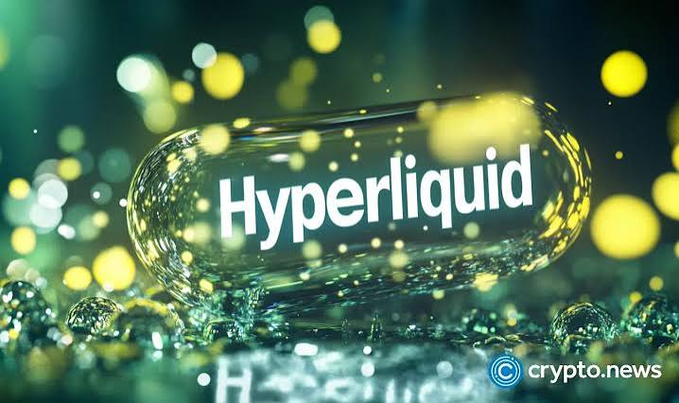 A stylized promotional image featuring the word "Hyperliquid" displayed on a glossy, capsule-shaped object surrounded by green and yellow bokeh light effects, with a "crypto.news" watermark in the bottom right corner.