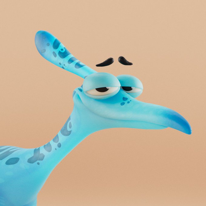 A 3D rendered illustration of a light blue spotted creature with a long pointed snout, half-closed sleepy eyes, and two black eyebrow-like shapes floating above its head against a peach background.