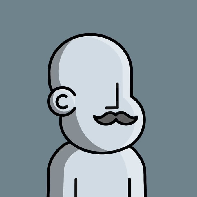 The image features a cartoon character with a mustache, bald head, and a goatee. The character appears to be standing against a blue background, which contrasts with his white hair. There are no texts or other objects present in the image.
