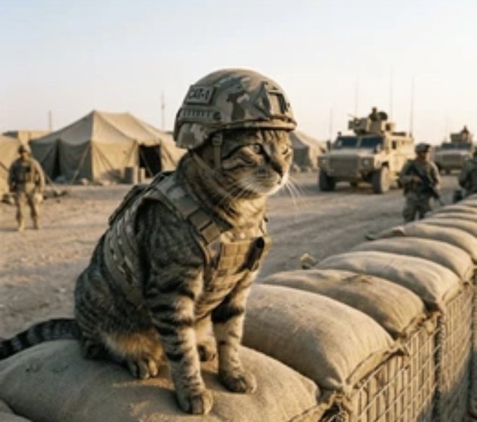 A tabby cat sits on a sandbag barrier wearing a miniature military helmet and tactical vest, with soldiers and military vehicles visible in the desert background.