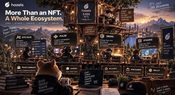 A promotional graphic for the Hazels NFT project showcases its "Whole Ecosystem" featuring 5,555 NFTs with various utilities including GTD Race, Pulse campaigns, Drops, Staking, Academy, VIP Events, Store Rewards, and IDEA & IP — visually illustrating the post's message that owning a Hazels NFT grants access to an entire interactive ecosystem beyond just the collectible itself, as depicted by cartoon hamster figures engaging with each feature.