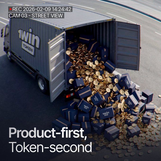 A promotional image showing a delivery truck spilling gold coins and blue '1WIN TOKEN' boxes with text reading 'Product-first, Token-second' and a 'REC 2026-02-09 14:24:42 CAM 03 - STREET VIEW' overlay.