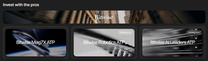 A Bitwise interface titled 'Invest with the pros' displays product cards for 'Bitwise Mag7X ATP' (Coming soon), 'Bitwise Robotics ATP' (Coming soon), and 'Bitwise AI Leaders ATP' (Coming soon).