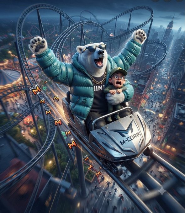A vibrant digital illustration of a polar bear wearing sunglasses and a teal puffy jacket, joyfully riding a roller coaster cart with a terrified small child.