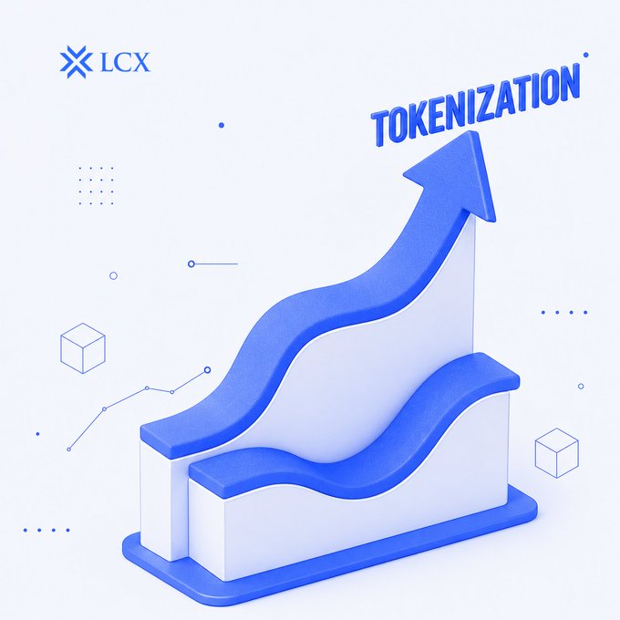 A 3D illustration featuring the LCX logo and the word "TOKENIZATION" in bold blue text above a rising arrow-shaped bar chart, visually representing the steep growth curve of asset tokenization referenced in the accompanying post about tokenization becoming a $2 trillion institutional trend.