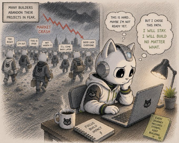 An illustrated comic contrasting builders abandoning projects during a market crash with a determined cat character at a laptop thinking "I chose this path. I will stay. I will build no matter what." with the message "Focus. Build. Impact."