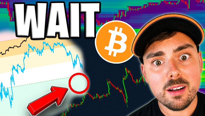 A man wearing an orange cap appears alarmed beside a Bitcoin chart graphic featuring the text "WAIT" and a Bitcoin logo, with a red arrow pointing to a downward price trend, suggesting an urgent warning about a potential Bitcoin market drop.
