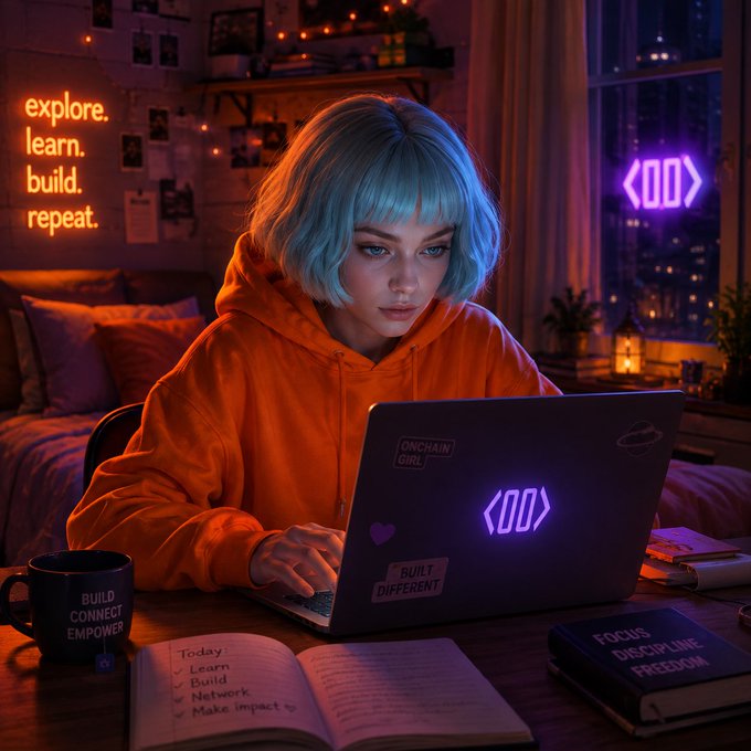 A digital illustration of a woman with teal hair in an orange hoodie working on a laptop with code symbols, surrounded by motivational text including 'explore. learn. build. repeat.', 'ONCHAIN GIRL', 'BUILT DIFFERENT', 'BUILD CONNECT EMPOWER', 'FOCUS DISCIPLINE FREEDOM', and a to-do list with 'Learn, Build, Network, Make Impact'.