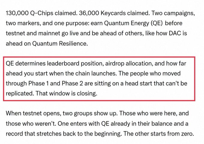 A red-boxed highlighted excerpt emphasizing that Quantum Energy (QE) determines leaderboard position, airdrop allocation, and your head start before the DAC chain launches, noting that participants who completed Phase 1 and Phase 2 hold an unreplicable advantage as the window closes.