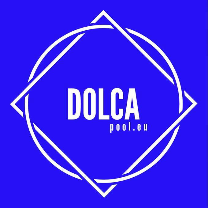 A blue graphic logo with white geometric designs forming a diamond and circle, containing the text 'DOLCA pool.eu'.