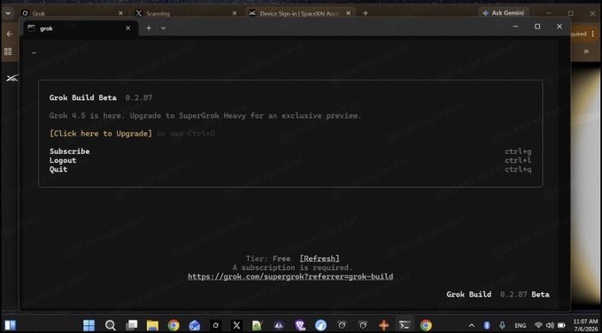 A screenshot of the "Grok Build Beta 0.2 B7" interface shows a message announcing "Grok 4.5 is Here," prompting users to upgrade to SuperGrok Heavy for an exclusive preview, with a link to do so via Ctrl+G, indicating the rollout of the new model tier.