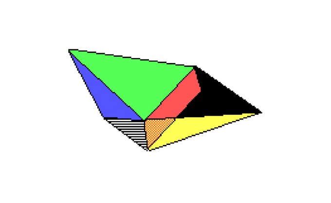 A simple geometric shape resembling a faceted gem or prism composed of green, blue, red, yellow, and black polygonal sections against a white background.
