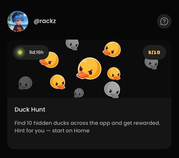 A social media screenshot from user '@rackz' shows a 'Duck Hunt' game task with yellow duck emojis and gray ghosts, instructing users to 'Find 10 hidden ducks across the app and get rewarded. Hint for you — start on Home' with a 5/10 progress indicator.