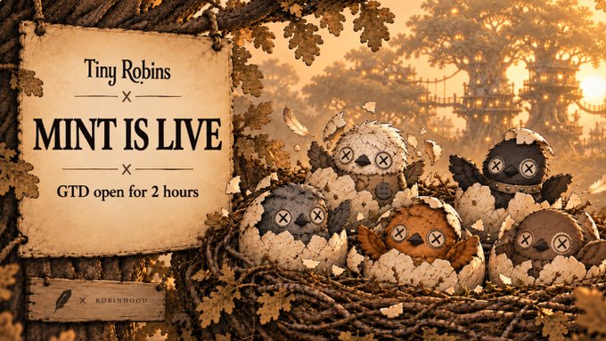 A promotional image for the Tiny Robins NFT collection on Robinhood, featuring stitched fabric bird-like creatures in a nest with text announcing "MINT IS LIVE" and "GTD open for 2 hours," with pricing details for GTD ($4) and Public ($5) mint phases.