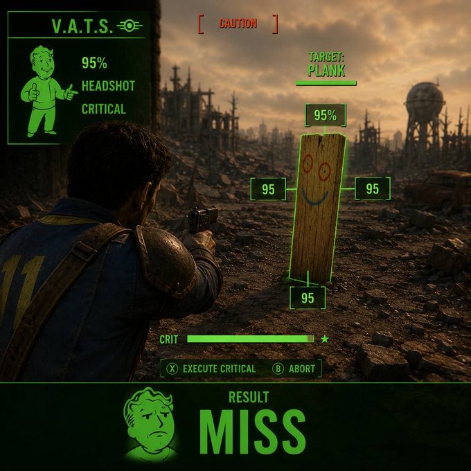 A screenshot from the video game Fallout 4 showing the V.A.T.S. targeting interface aimed at a wooden plank with a smiley face; despite a 95% hit chance, the result shows 'MISS'.