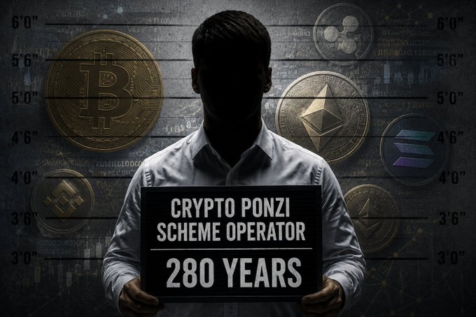 A silhouetted figure in a mugshot-style lineup holds a placard reading "CRYPTO PONZI SCHEME OPERATOR 280 YEARS," set against a backdrop of Bitcoin, Ethereum, Ripple, and other cryptocurrency coins, visually reinforcing the headline of a crypto fraud operator receiving a 280-year prison sentence for a $24 million scheme.