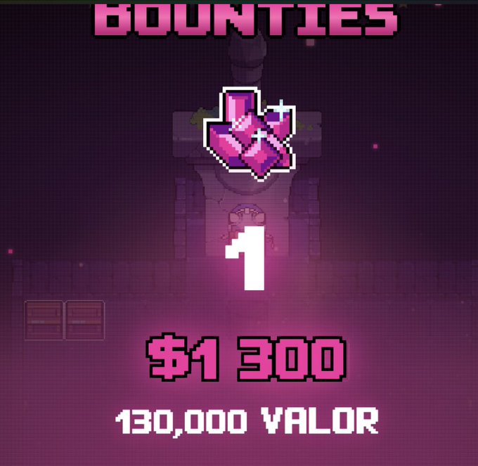 A retro pixel art 'BOUNTIES' screen showing a pink crystal icon with a '1', valued at $1,300 and 130,000 VALOR.
