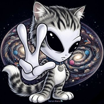 A gray cartoon kitten with oversized black eyes poses in front of a cosmic galaxy backdrop and holds up a three-finger gesture.