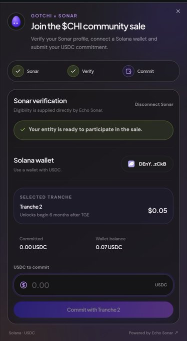 A "GOTCHI x SONAR" interface prompting the user to "Join the $GHI community sale," showing "Sonar verification" complete, a connected Solana wallet with a 0.07 USDC balance, and a "Commit with Tranche 2" button for $0.05.