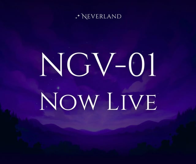 The image features a purple sky with stars, which serves as the background of the post. The text "NGV-01" is written above the starry sky, while the phrase "Now Live" is below it. This suggests that the image is related to an event or promotion happening at Neverland.