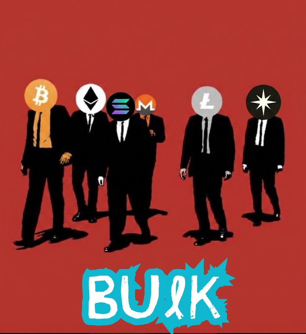Illustration of suited figures with cryptocurrency logos (Bitcoin, Ethereum, Solana, Monero, Litecoin, Stellar) for heads, with 'BULL' written in graffiti style at the bottom on a red background.