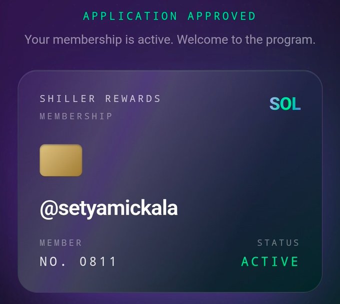 The image shows a credit card application form for joining the Solana cryptocurrency exchange. The form has a purple background with white text, and there are two fields labeled "Member" and "Status Active", both of which require input from the user. Additionally, there is a social media integration feature that allows users to share their status on social media platforms using the credit card application.
