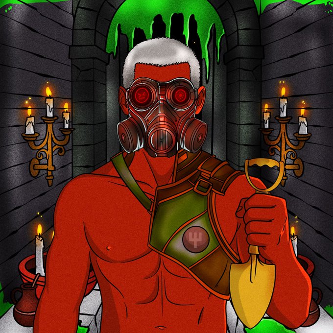 A muscular red-skinned figure wearing a gas mask with glowing red eyes stands in a gothic stone chamber lit by candelabras, holding a golden shovel and wearing a green harness marked with a "₿" (Bitcoin) symbol, with green slime dripping from the archway above. The post references "Wen Utility" and "@TickerYardHQ," aligning with the image's portrayal of a laborer/digger figure seemingly representing Bitcoin mining or crypto utility work.