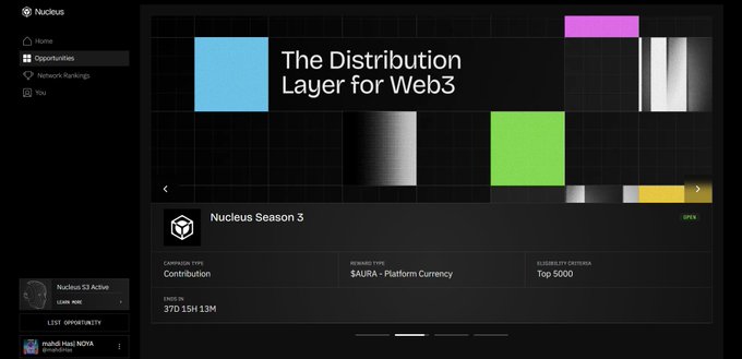 A screenshot of the Nucleus website displaying 'The Distribution Layer for Web3' with a banner for 'Nucleus Season 3' and campaign details including 'Contribution' and '$AURA - Platform Currency'.