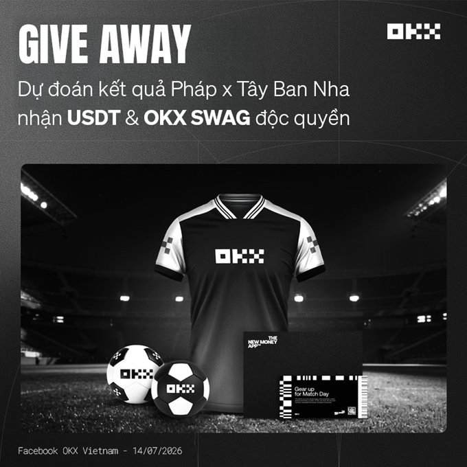 The image is a promotional graphic for an OKX giveaway tied to predicting the France vs. Spain match, featuring a black-and-white jersey, footballs, and a ticket labeled "NEW MONEY JUST DROPPED – Gear Up for Match Day" with text reading "GIVE AWAY – Dự đoán kết quả Pháp x Tây Ban Nha nhận USDT & OKX SWAG độc quyền" and dated 14/07/2026. It visually reinforces the post's message that OKX is rewarding social media participants with USDT and exclusive swag for predicting the game's outcome.