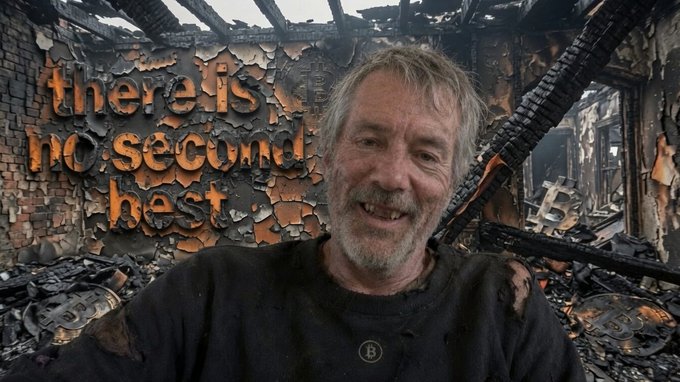 A disheveled man with a graying beard smiles in front of the charred ruins of a building, where the scorched text "there is no second best" is etched into the burned wall behind him—visually echoing the post's theme of a $14 billion unrealized loss on Bitcoin holdings, as the fiery backdrop suggests the devastating aftermath of a major financial "fire."